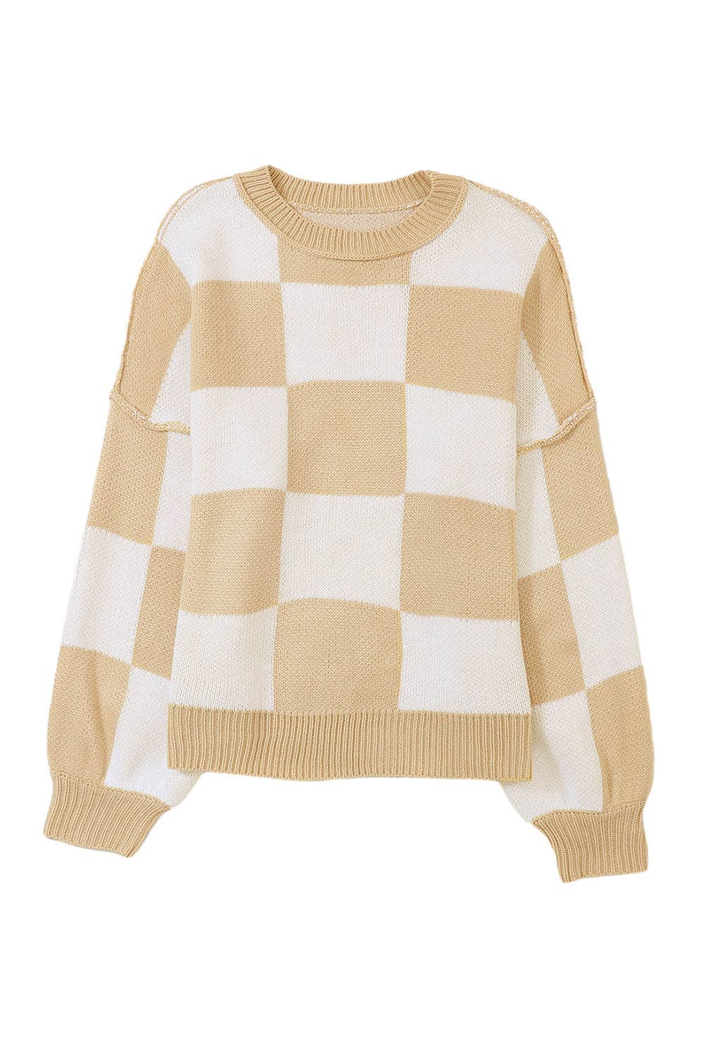 Khaki Checkered Bishop Sleeve Sweater