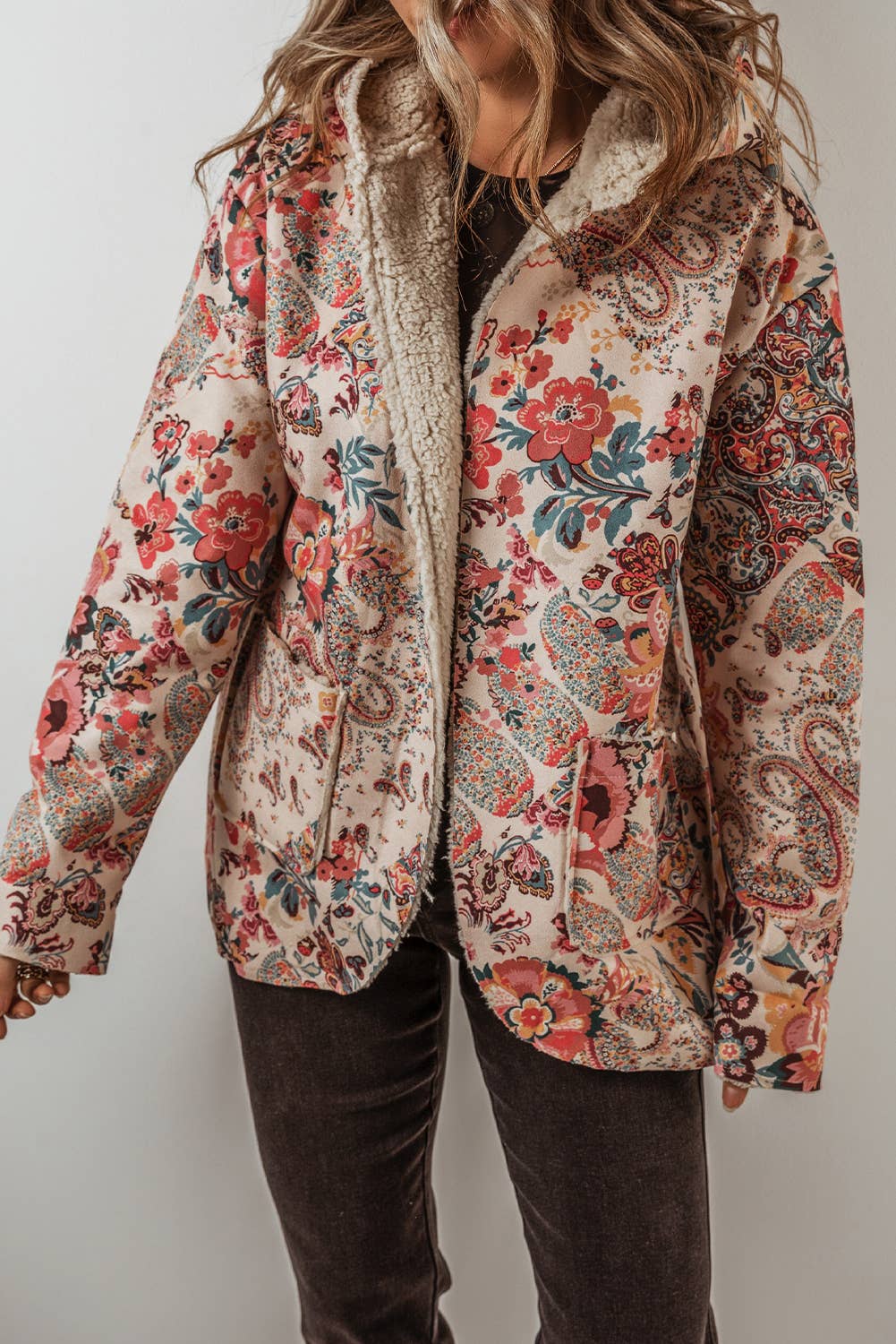 Vintage Paisley Printed Sherpa Lined Hooded Jacket