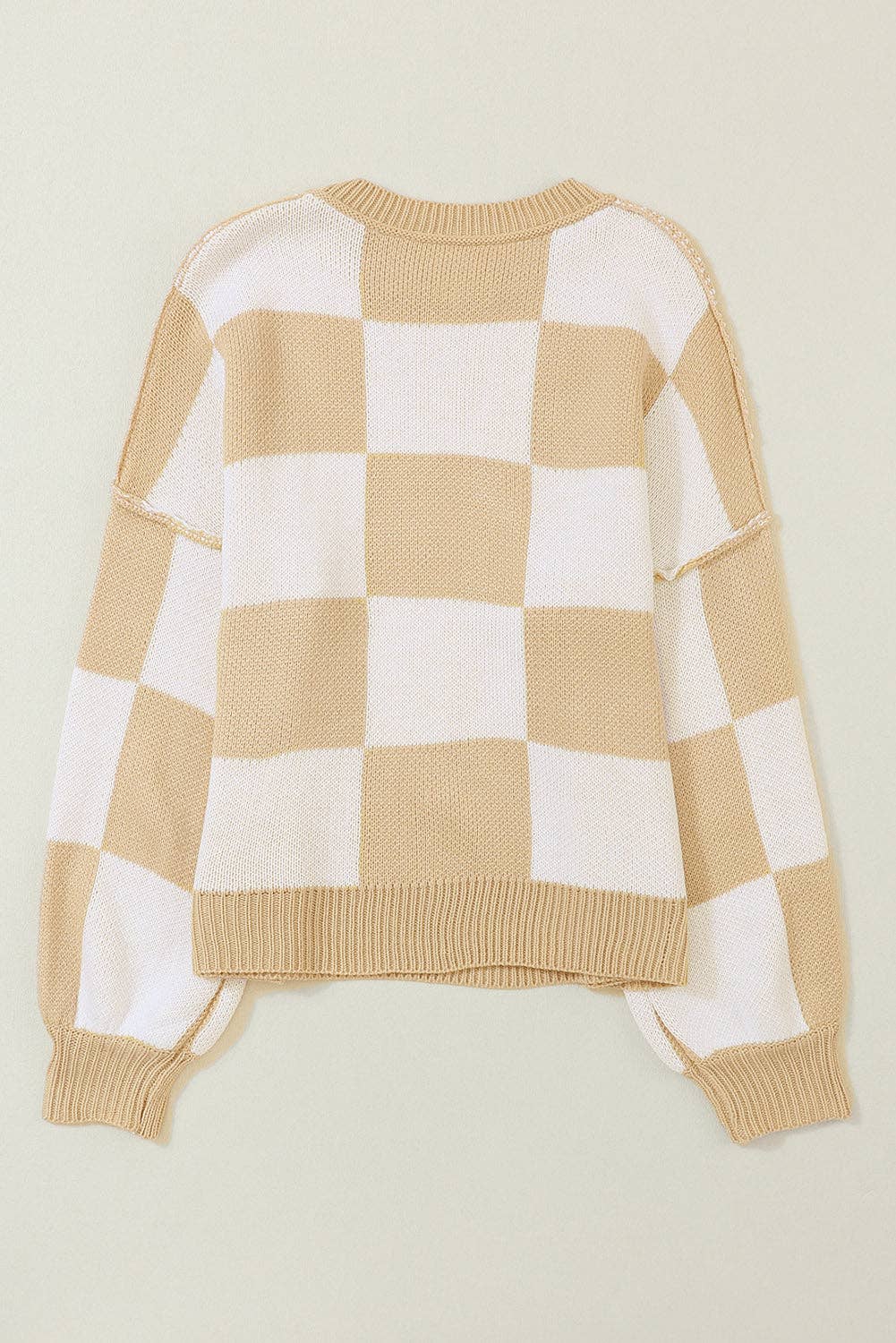 Khaki Checkered Bishop Sleeve Sweater